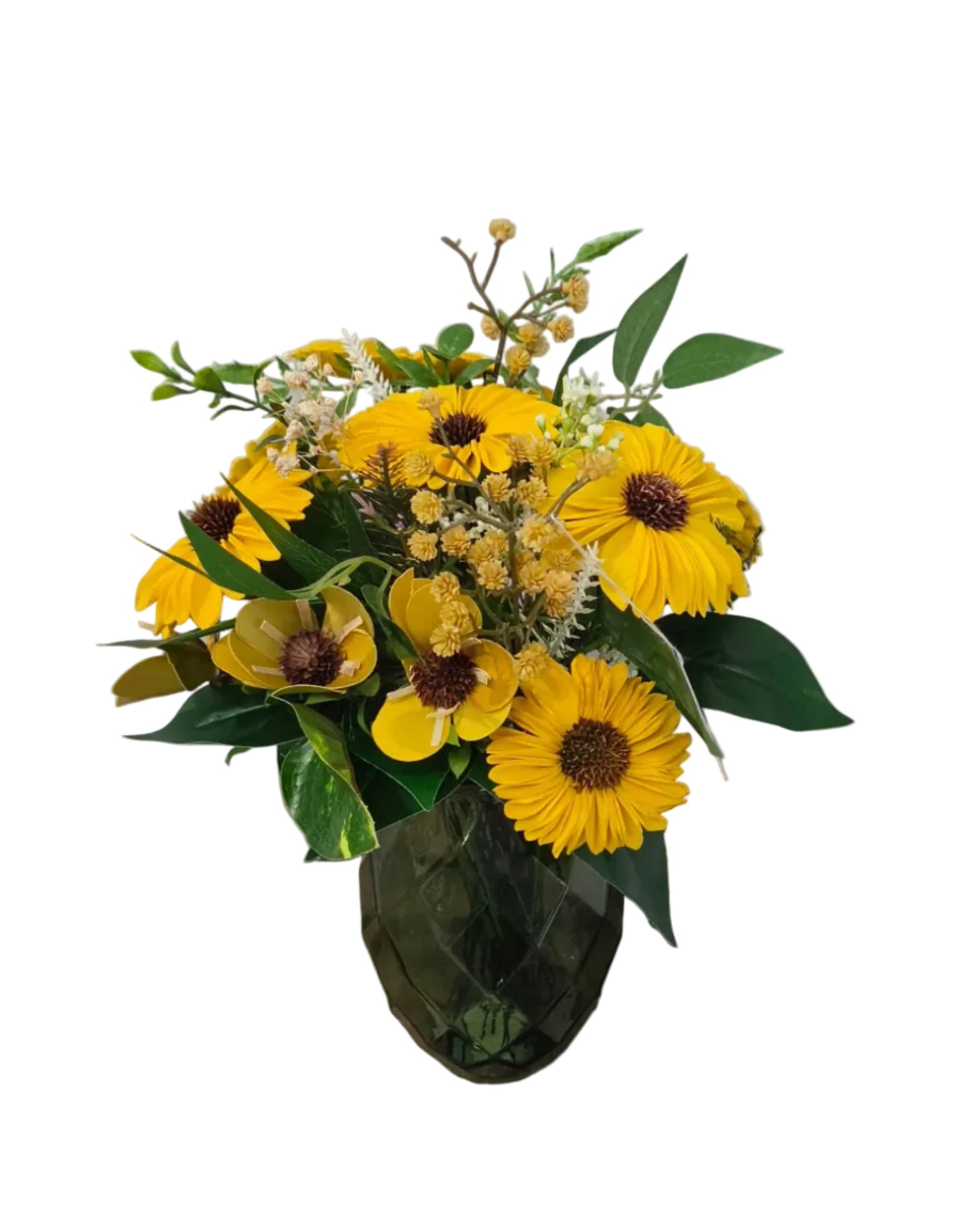 Golden Meadow — yellow sola wood sunflowers and greenery in a green faceted glass vase