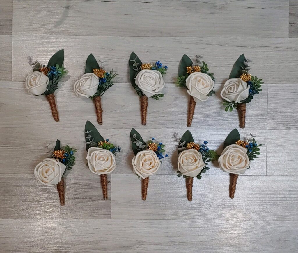 Boutonnieres by Painted Petals, handcrafted sola wood florals, Deltona, Florida