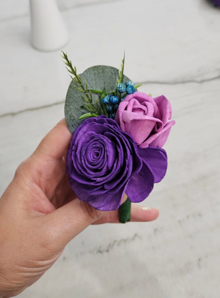 Boutonnieres by Painted Petals, handcrafted sola wood florals, Deltona, Florida