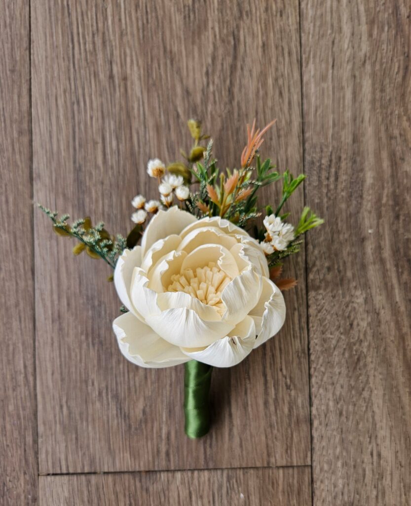 Boutonnieres by Painted Petals, handcrafted sola wood florals, Deltona, Florida