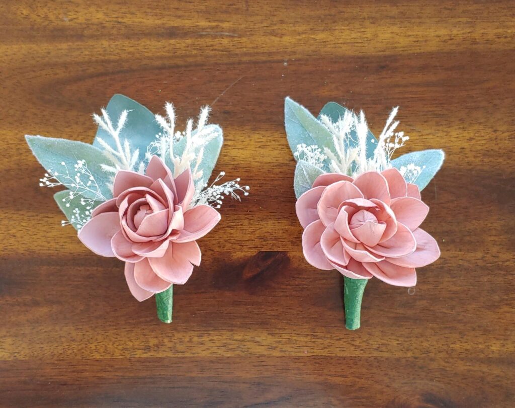 Boutonnieres by Painted Petals, handcrafted sola wood florals, Deltona, Florida