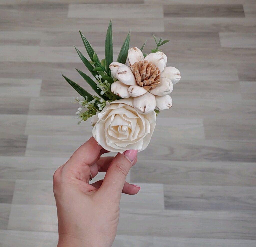 Boutonnieres by Painted Petals, handcrafted sola wood florals, Deltona, Florida