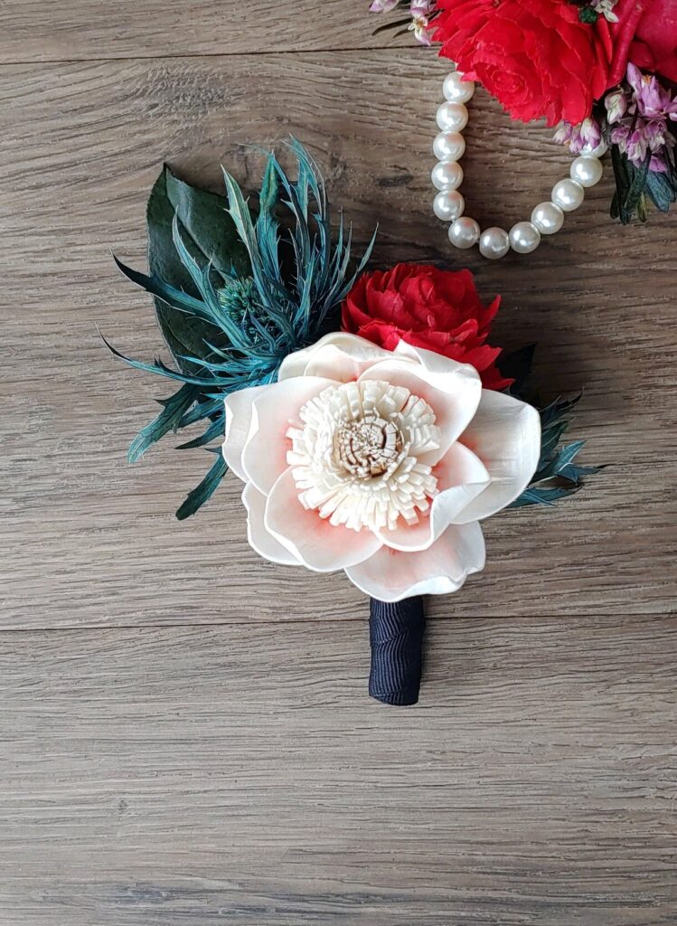 Boutonnieres by Painted Petals, handcrafted sola wood florals, Deltona, Florida