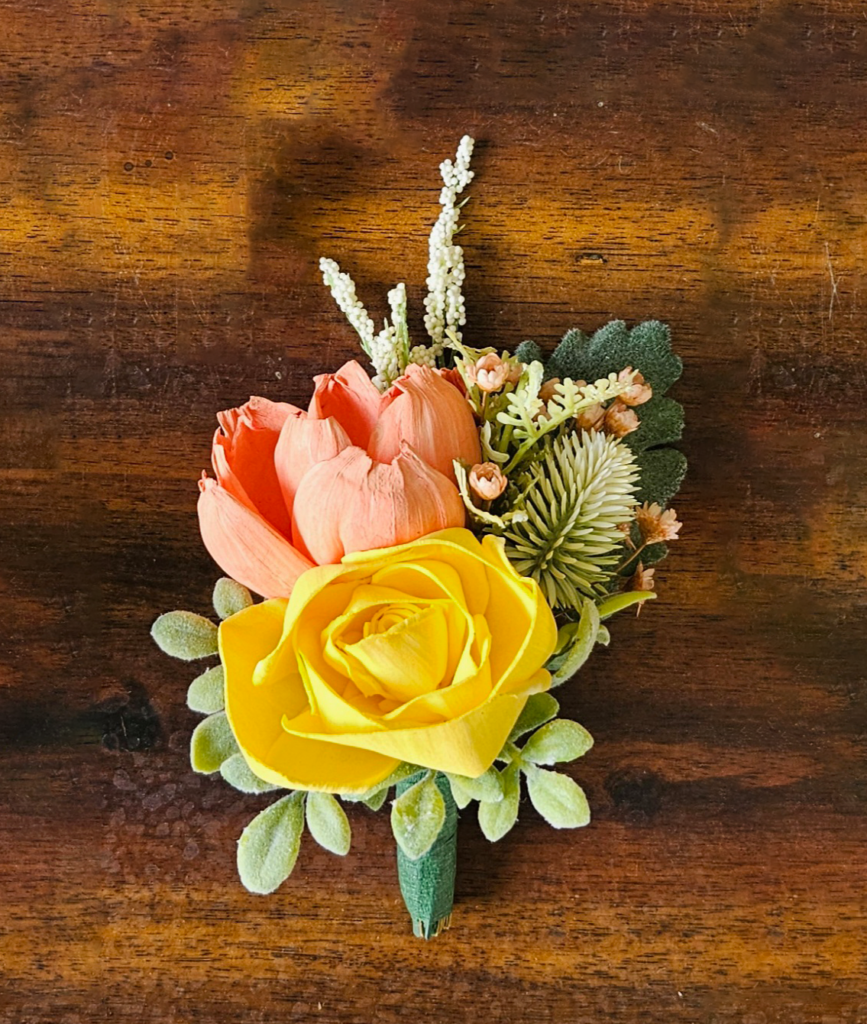 Boutonnieres by Painted Petals, handcrafted sola wood florals, Deltona, Florida