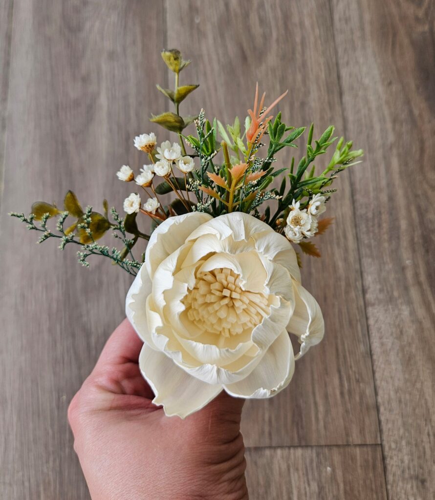 Boutonnieres by Painted Petals, handcrafted sola wood florals, Deltona, Florida