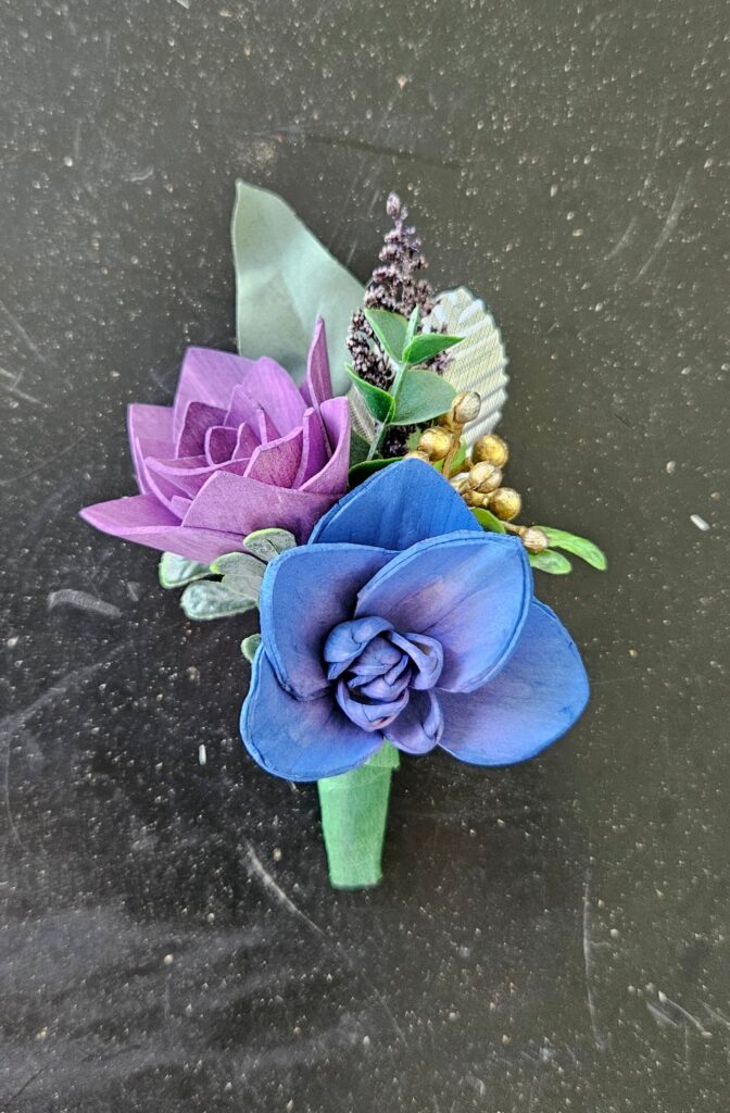 Boutonnieres by Painted Petals, handcrafted sola wood florals, Deltona, Florida