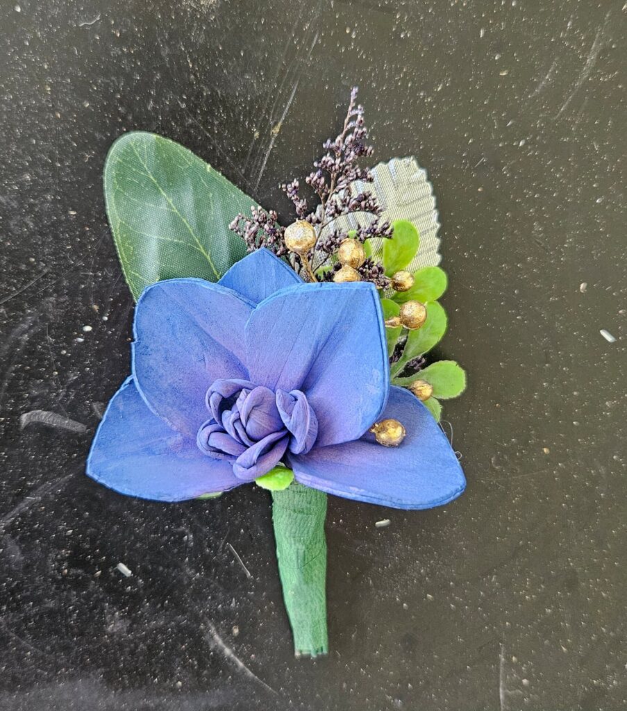 Boutonnieres by Painted Petals, handcrafted sola wood florals, Deltona, Florida