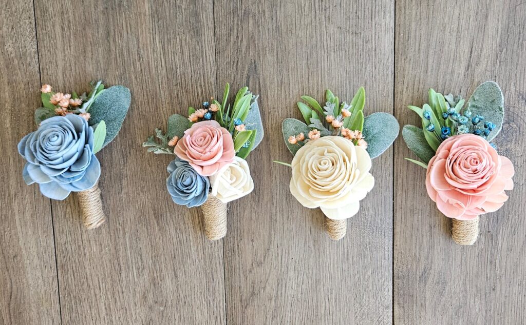 Boutonnieres by Painted Petals, handcrafted sola wood florals, Deltona, Florida