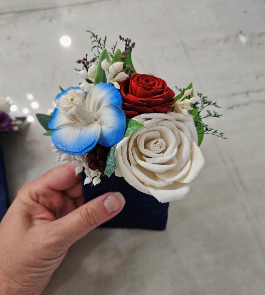 Boutonnieres by Painted Petals, handcrafted sola wood florals, Deltona, Florida