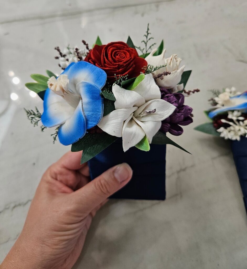 Boutonnieres by Painted Petals, handcrafted sola wood florals, Deltona, Florida